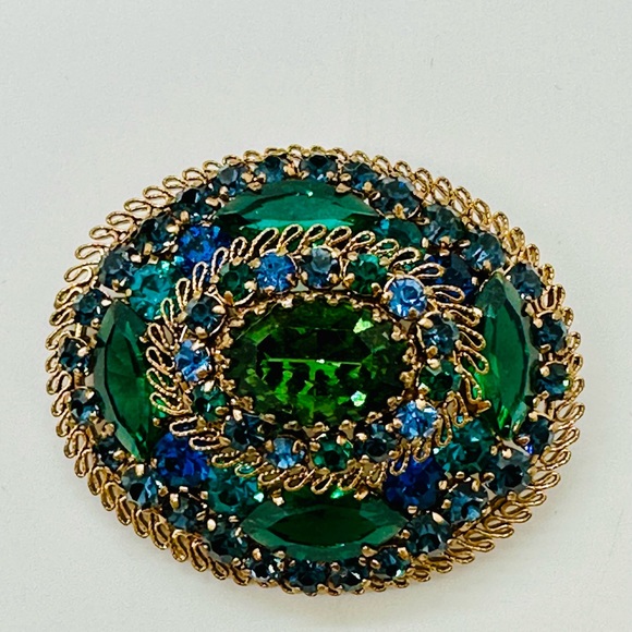Vintage Blue Green Rhinestone Brooch - Picture 8 of 15